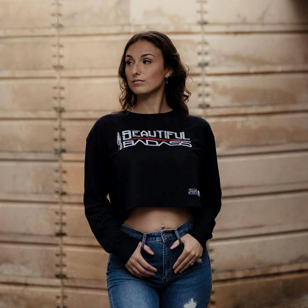 Women's Beautiful Badass Long Sleeve Cropped T-Shirt - Black - Image 3