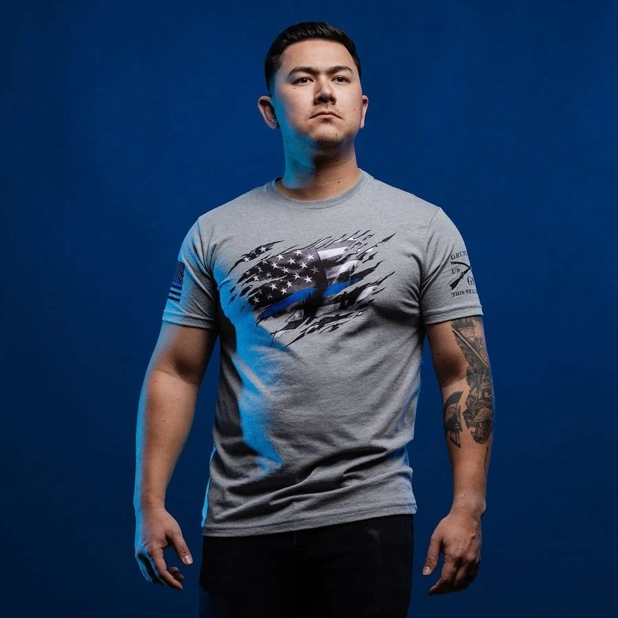 Still Standing Blue Line T-Shirt - Dark Heather Gray - Image 3