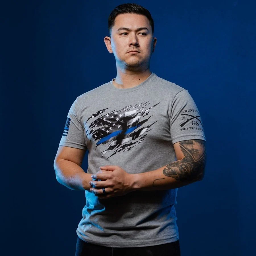 Still Standing Blue Line T-Shirt - Dark Heather Gray - Image 4