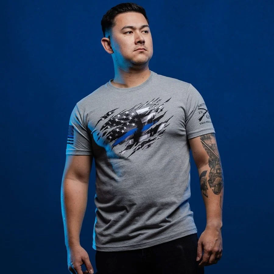Still Standing Blue Line T-Shirt - Dark Heather Gray - Image 5