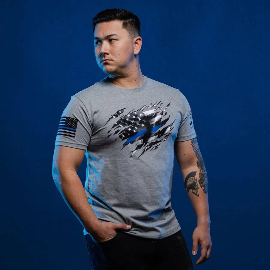 Still Standing Blue Line T-Shirt - Dark Heather Gray - Image 6