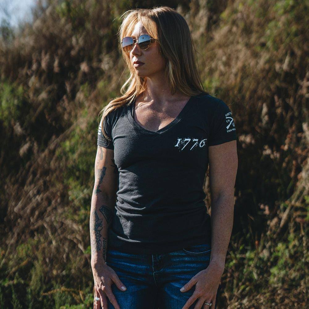 Women's 1776 Flag V-Neck - Black - Image 5