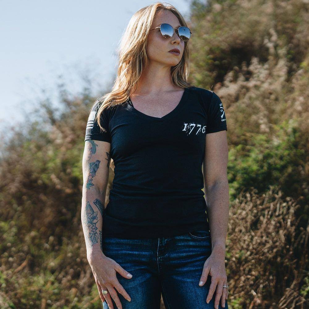 Women's 1776 Flag V-Neck - Black - Image 6
