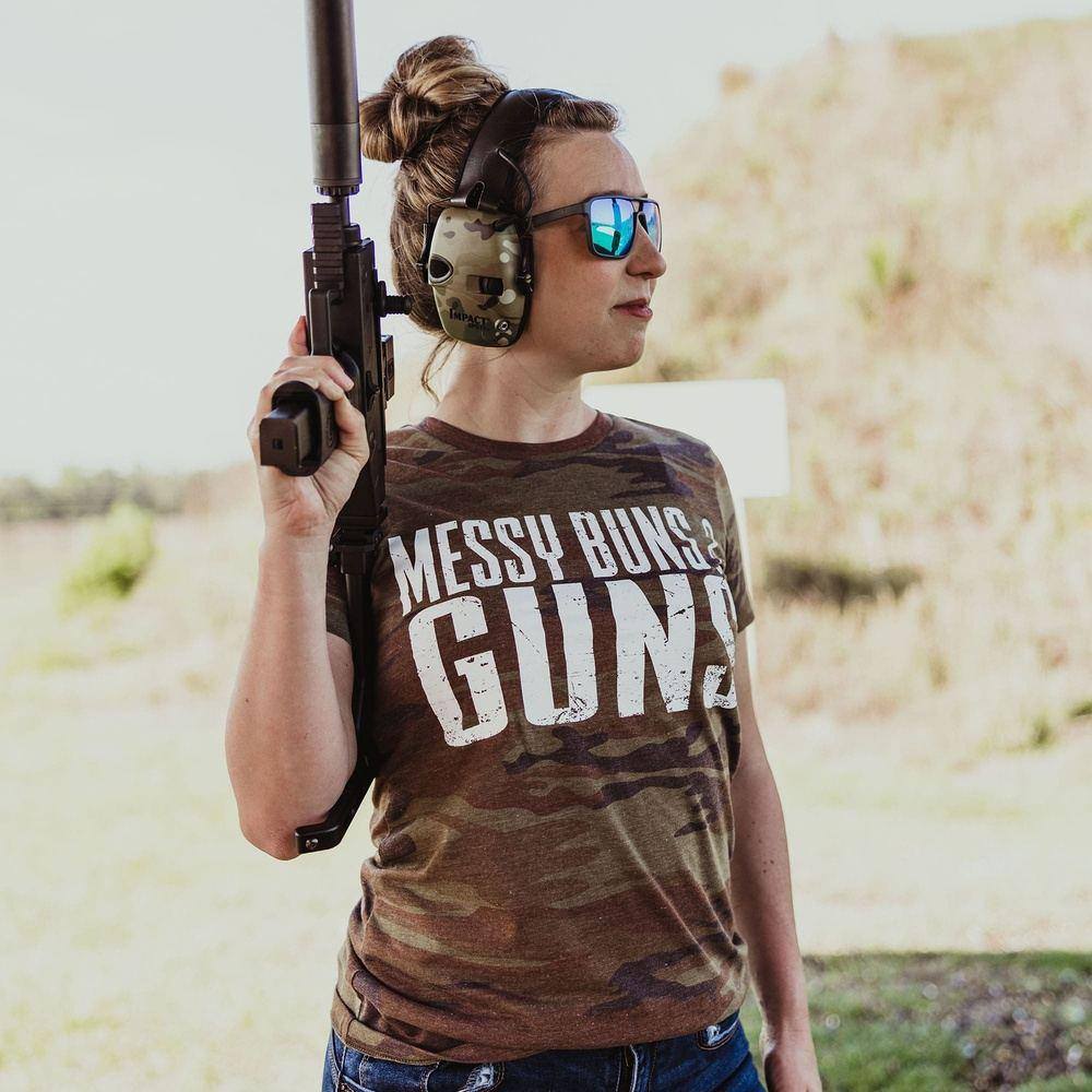 Women's Messy Buns & Guns T-Shirt - Woodland Camo - Image 2